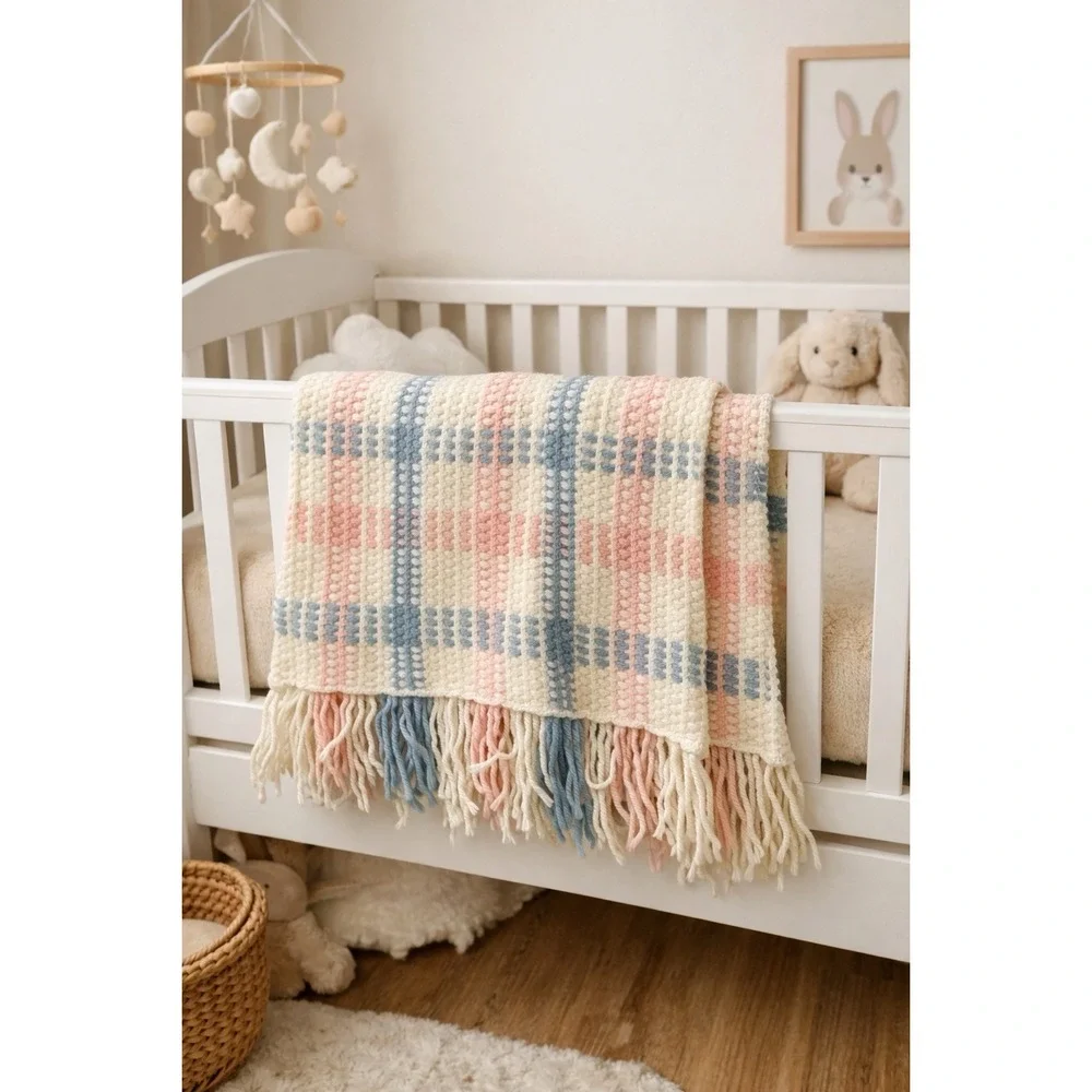 Woven Throw Blanket Pastel Plaid Fringe Cottage Farmhouse Decor Baby Room 33